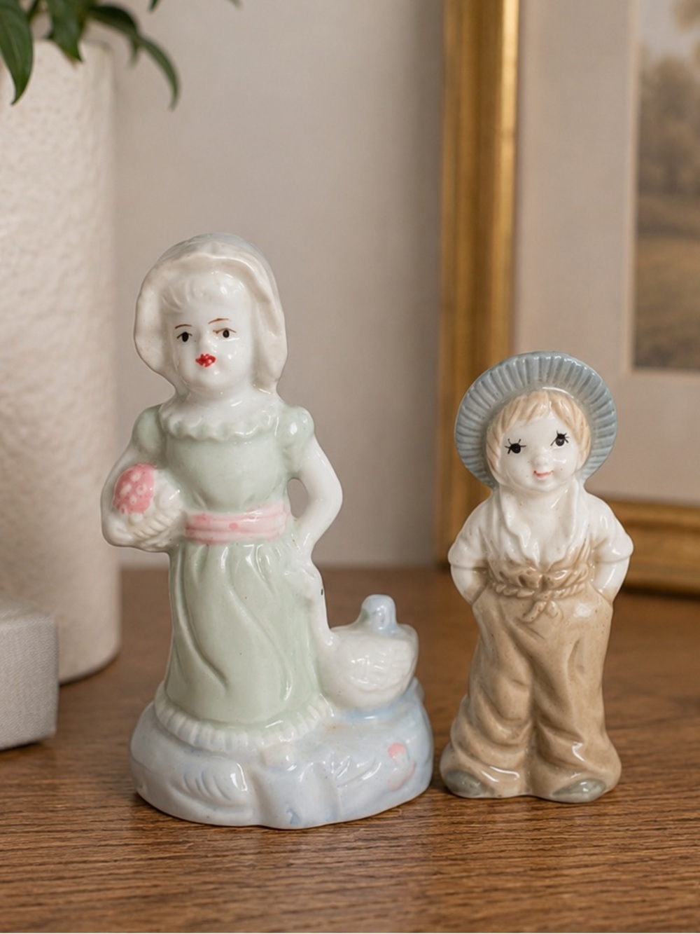 Vintage Porcelain Figurines Woman In Dress With Duck Boy Hands In Pockets